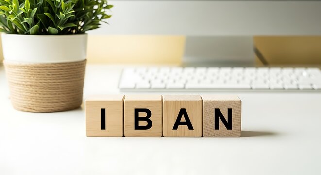 Wooden blocks spelling "iban" on a white desk with keyboard and plant with bank account number