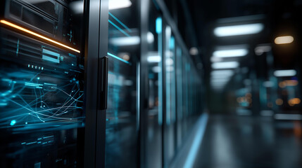 Naklejka premium Futuristic server room environment, advanced data center visualization, modern computing infrastructure, with copy space