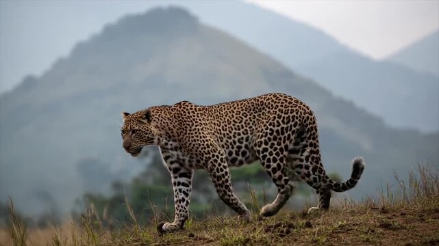 A leopard walks across grassy terrain with mountainous background, foggy scenery