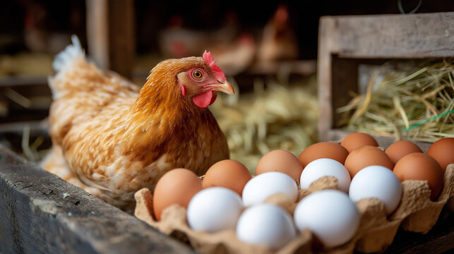 Hen with fresh farm eggs, poultry production display, agricultural egg collection scene, with copy space