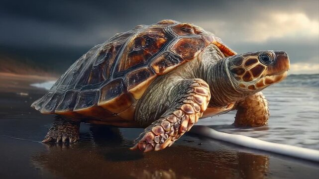 A sea turtle emerges from the ocean onto a sandy beach under a dramatic cloudy sky