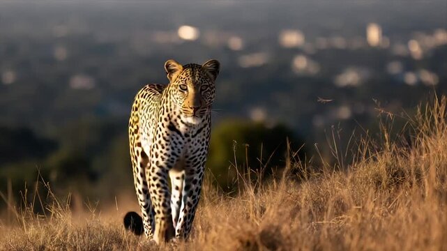 A leopard walks toward the camera through tall grass with a blurred city backdrop