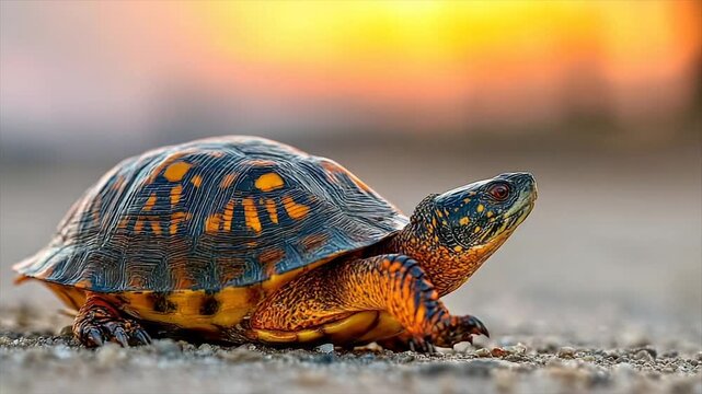 Close-up of a vibrant tortoise on textured ground, with an orange and yellow sunset