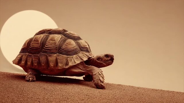 A tortoise walks over dirt with a large sun in the background. Sepia tones dominate
