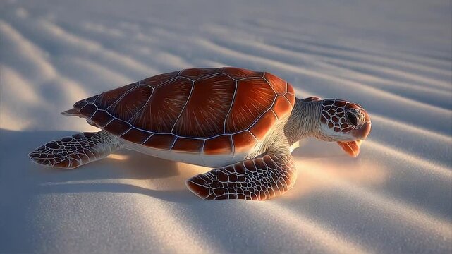 A sea turtle crawls across sunlit sand, its patterned shell contrasting with the smooth surface