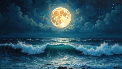 Fototapeta premium Full moon shines over rough ocean waves at night under starry sky. Dark clouds drift above water illuminated by moonlight reflection. This tranquil seascape evokes deep serenity and peace.
