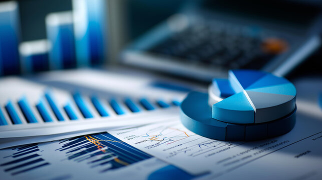 Close-up of various financial charts and graphs with blue theme, data presentations including pie charts bar graphs line charts, with copy space