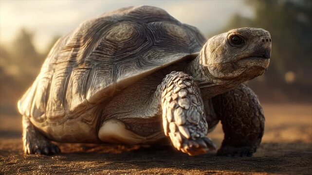 A close-up of a tortoise, showcasing its textured shell and head, walking on earth in sunlight