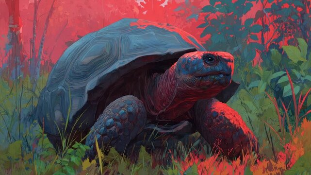 A giant tortoise emerges in a vibrant, stylized jungle, with deep red hues and cool tones