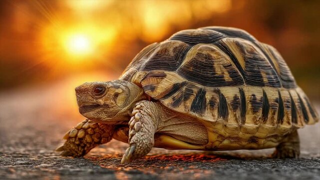 A tortoise walks on a road, basking in the glow of the sun, with a blurred background