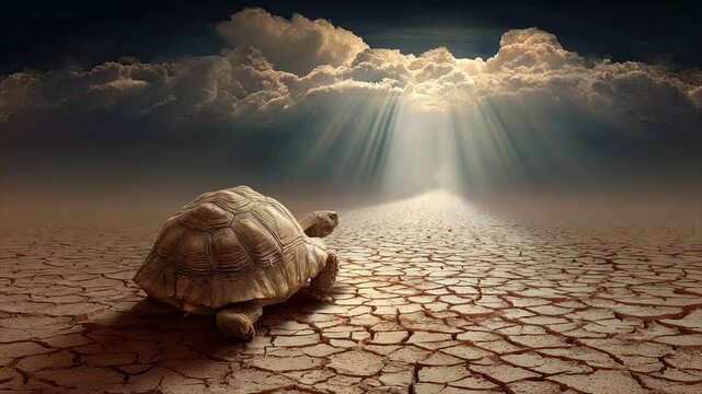 A turtle strides across cracked earth towards a sunlit path amidst a dramatic, cloudy sky
