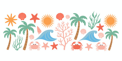 Ocean and Beach Elements Set – Sea Life, Coral, Palm Trees and Summer Vector Collection ©  Halima Yeasmin