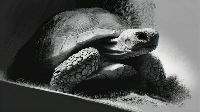 A detailed grayscale illustration of a large turtle, with a textured shell and focused gaze