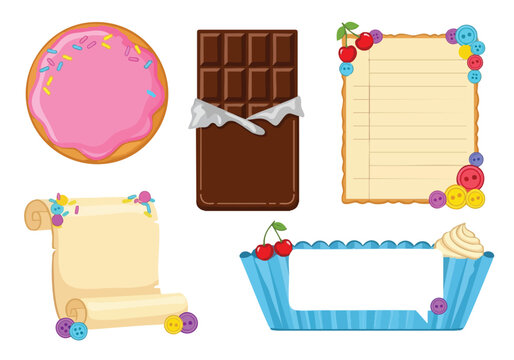 Sweet Treats and Decorations. Donut, Chocolate Bar, Paper Scrolls, and Cupcake Liner. Cute Elements.