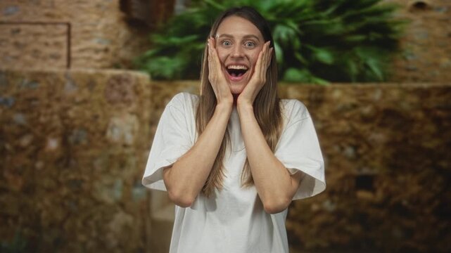 Young woman smiling with hands on cheeks in a stone building courtyard near plants and brick wall; surprise discovery.