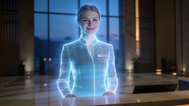 Neon blue outlined holographic concierge greets guests politely