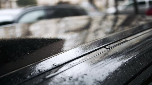 Close up of raindrops covering the roof of a parked car with blurred urban street background