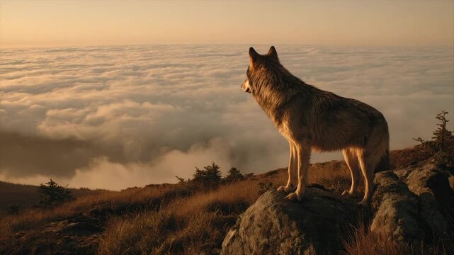 A wolf stands proudly on a rocky mountaintop, gazing at a sea of clouds at sunset