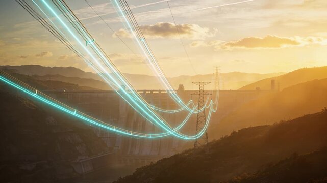 Illuminated power lines connect ridges with luminous blue currents flowing