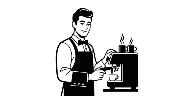 Barista Making Coffee with Machine - Black and White Line Art