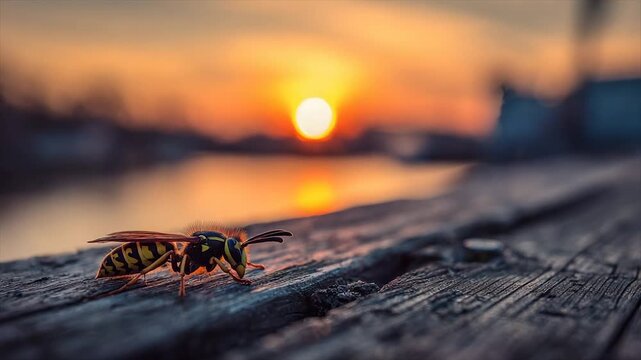 A wasp on weathered wood, backlit by a vibrant sunset over water, soft focus
