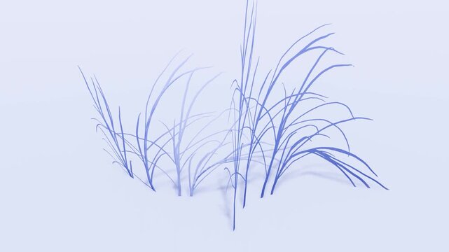 Stylized blue grass lines growing and swaying, abstract digital animation with grass, abstract, blue, motion, nature on clean background.