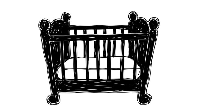 Black and white line art illustration of a baby crib
