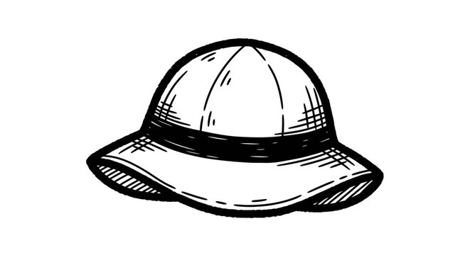 Black and White Line Art Pith Helmet - Safari Adventure Icon