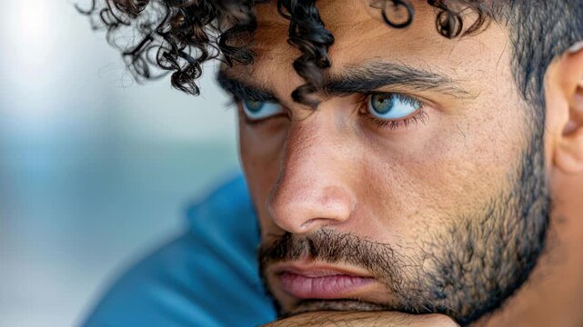 Intense Focus: A captivating portrait of a man, his gaze intense, capturing a moment of deep thought and contemplation, embodying a spectrum of human emotion.