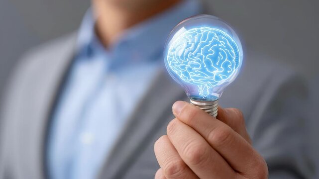 Illumination of Ideas: A businessperson holds a glowing light bulb, the intricate form of a brain inside, symbolizing ingenuity and innovation.