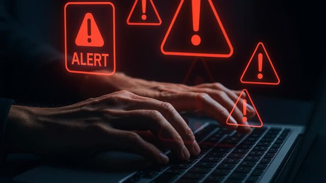 Cyber Alert: A pair of hands rapidly typing on a laptop keyboard, their movements punctuated by a red alert symbol overlay, signaling a digital threat.