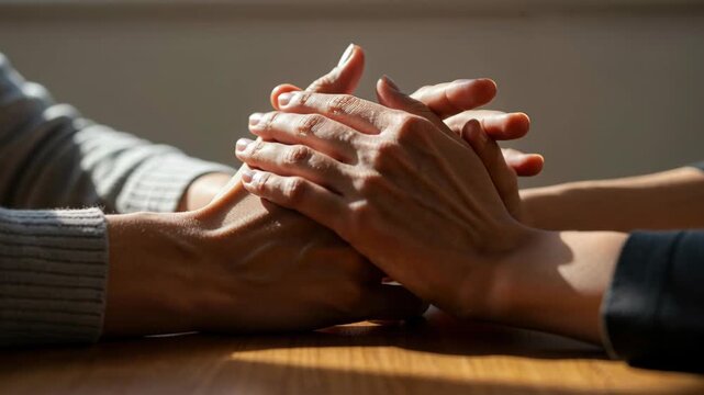 Hands Holding in Solidarity: A tender depiction of two pairs of hands clasped together, symbolizing support, comfort, and unity. Capturing a moment of empathy and connection.