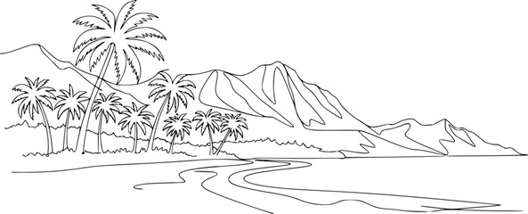 Fototapeta premium Hawaii landscape continuous one line drawing. Mountains, palms, seaside 