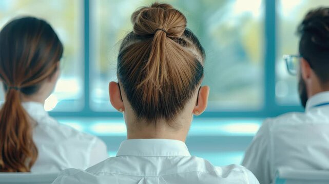 Focused Colleagues: The scene captures three colleagues in a professional environment, focused on their tasks or a shared objective, their backs turned towards the viewer.