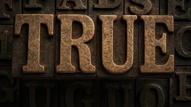 Truth in Print: A close-up view of the word TRUE meticulously printed in vintage wood type, symbolizing authenticity, honesty, and genuine representation. 