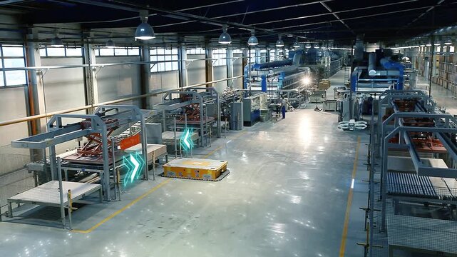 Smart factory for the production of ceramic tiles inside. Autonomous guided vehicles and Autonomous Mobile Platform transport products in a large manufacturing plant, indoor. Production site