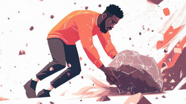 Unyielding Resolve: A determined individual, clad in casual attire, struggles valiantly to move a massive stone, symbolizing challenge, perseverance, and the fortitude to overcome adversity.