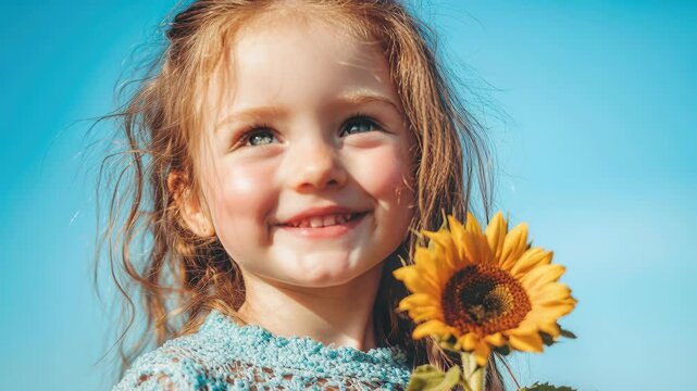 Blooming Joy: A radiant child beams with pure delight, holding a vibrant sunflower against a backdrop of a clear blue sky, capturing the essence of childhood wonder.