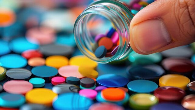 Colorful Pills in Hand: A close-up shot captures the vivid array of multicolored pills spilling from a glass bottle held by a hand, symbolizing healthcare.