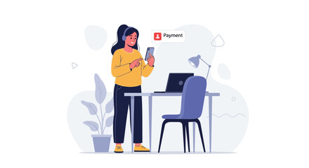 Fototapeta premium Woman with headphones using smartphone for online payment at desk with laptop