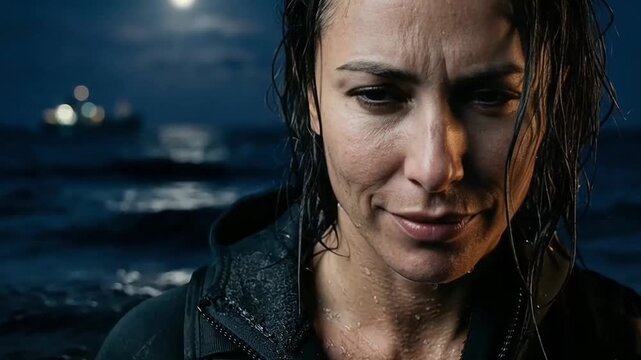 Intense wet portrait of a special forces female agent at night ocean