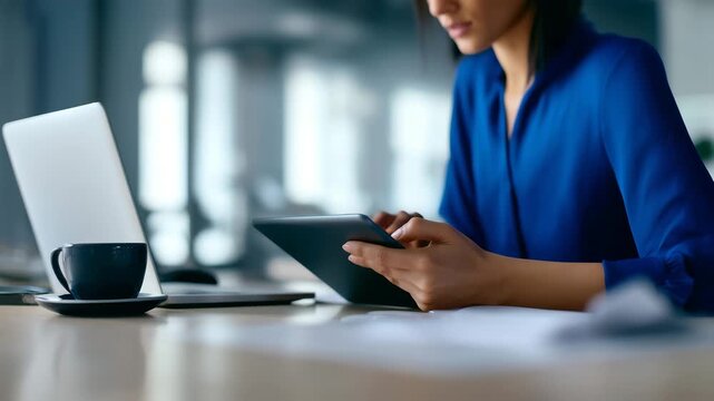 Businesswoman using tablet and smartphone with coffee at desk, digital multitasking, mobile technology, remote work, modern workspace, productivity, close up