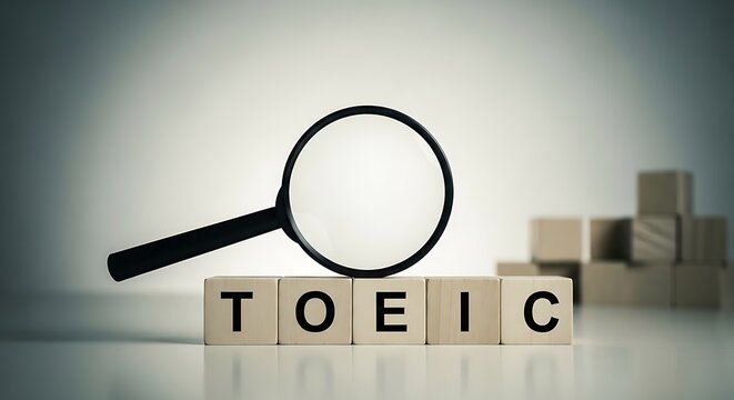 Toeic acronym under a magnifying glass, symbolizing test of english for international communication in business, copy space