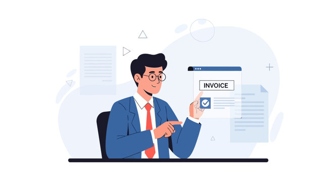 Businessman reviewing invoice on screen, financial accounting concept
