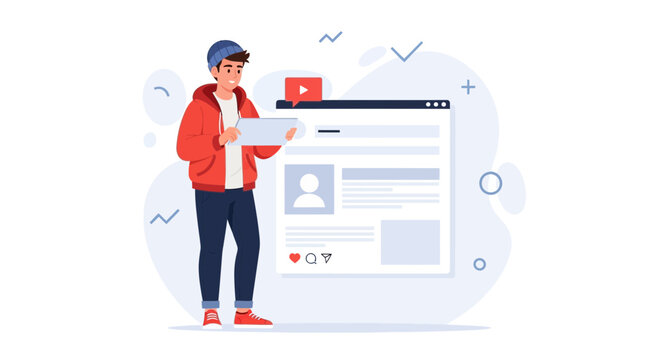 Young man with tablet near social media feed and play button, digital content creation