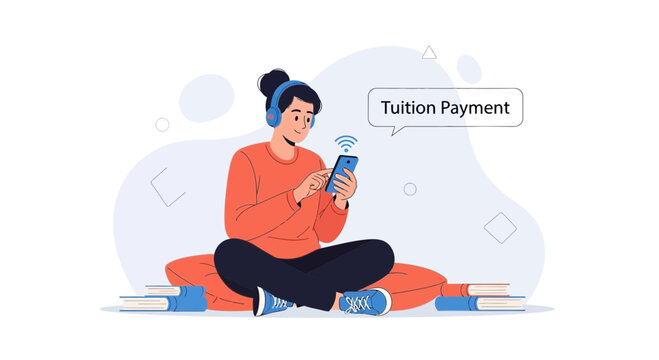 Student paying tuition online via smartphone, headphones, books, education concept