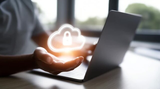 Cloud computing concept above laptop, data storage, cloud security, online backup, digital technology, business network, internet service, modern workspace