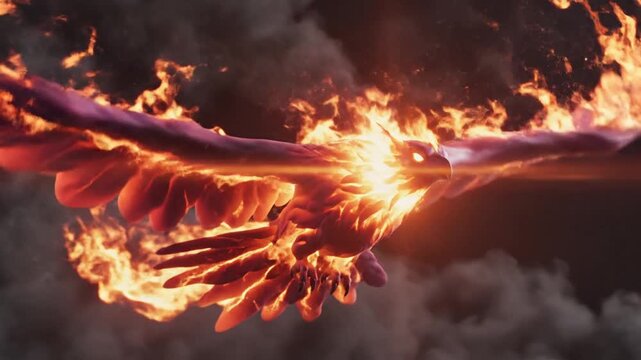 Majestic Phoenix Rising with Burning Wings through Dark Smoke
