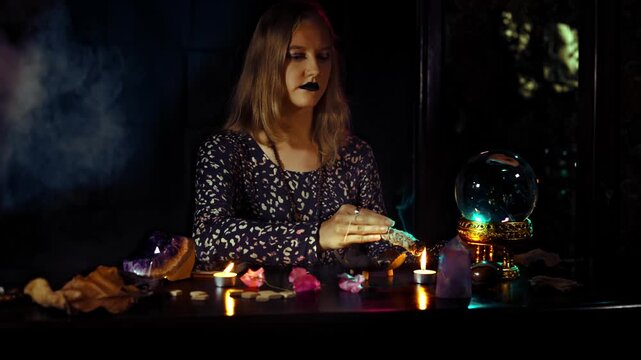 Woman psychic performs smoke cleansing ritual over a crystal ball with candles amethyst and runes in a dark mystical space creating an authentic esoteric atmosphere