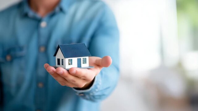 Hand holding model house, real estate investment, property ownership, home insurance, mortgage concept, housing market, residential property, home buying